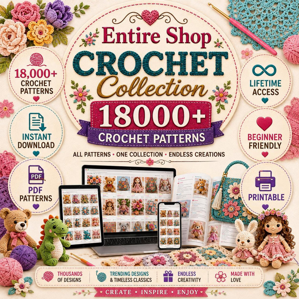 18000 Crochet Patterns Bundle, Amigurumi, Animals, Dolls, Flowers, Bags, Vintage (PDF Patterns)