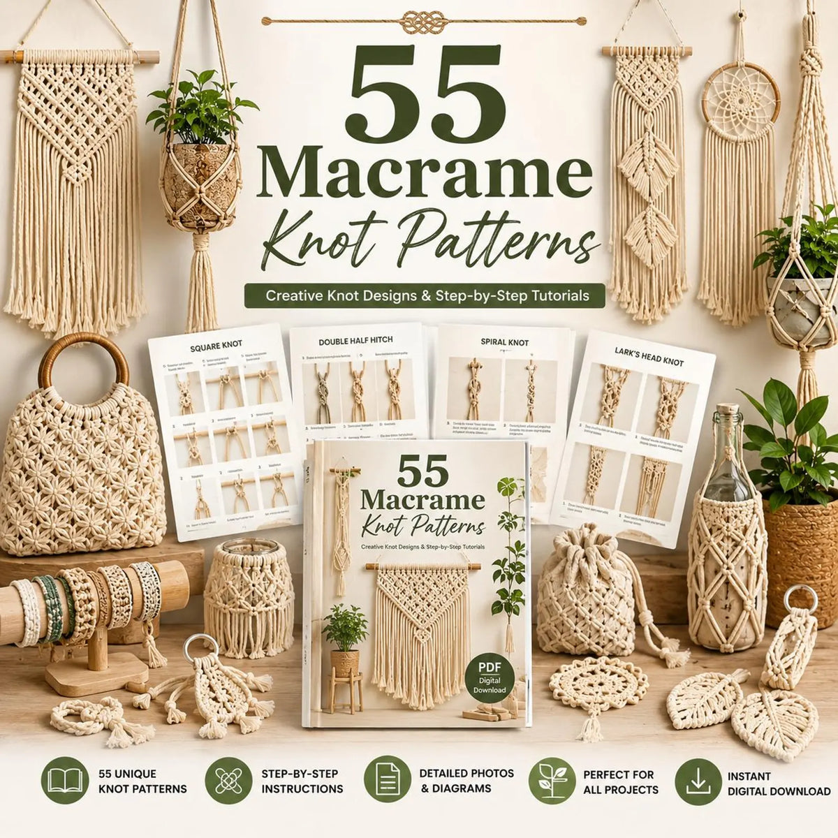 55 Macrame Knot Patterns Guide | Beginner Boho Craft Tutorial (Digital Download)