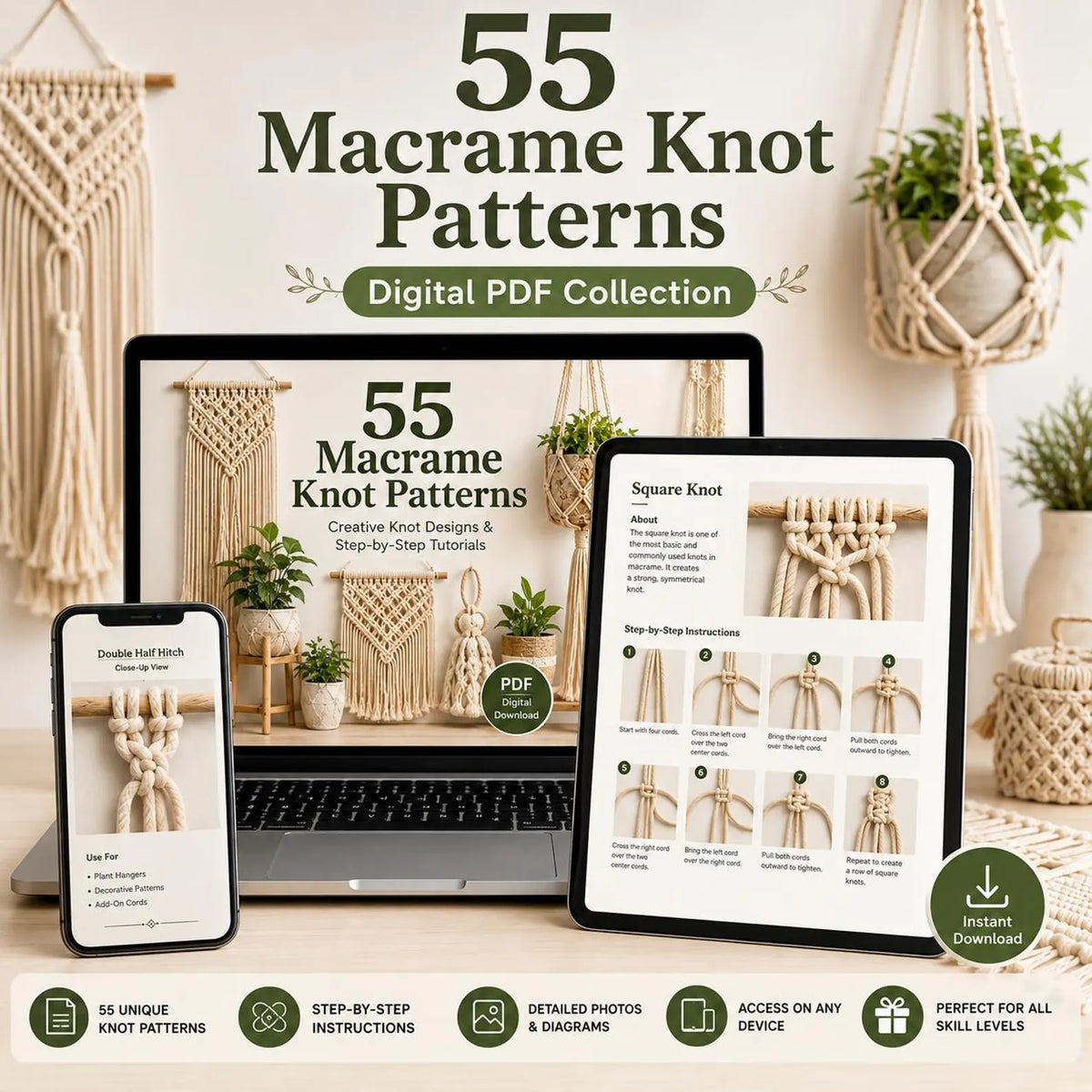 55 Macrame Knot Patterns Guide | Beginner Boho Craft Tutorial (Digital Download)